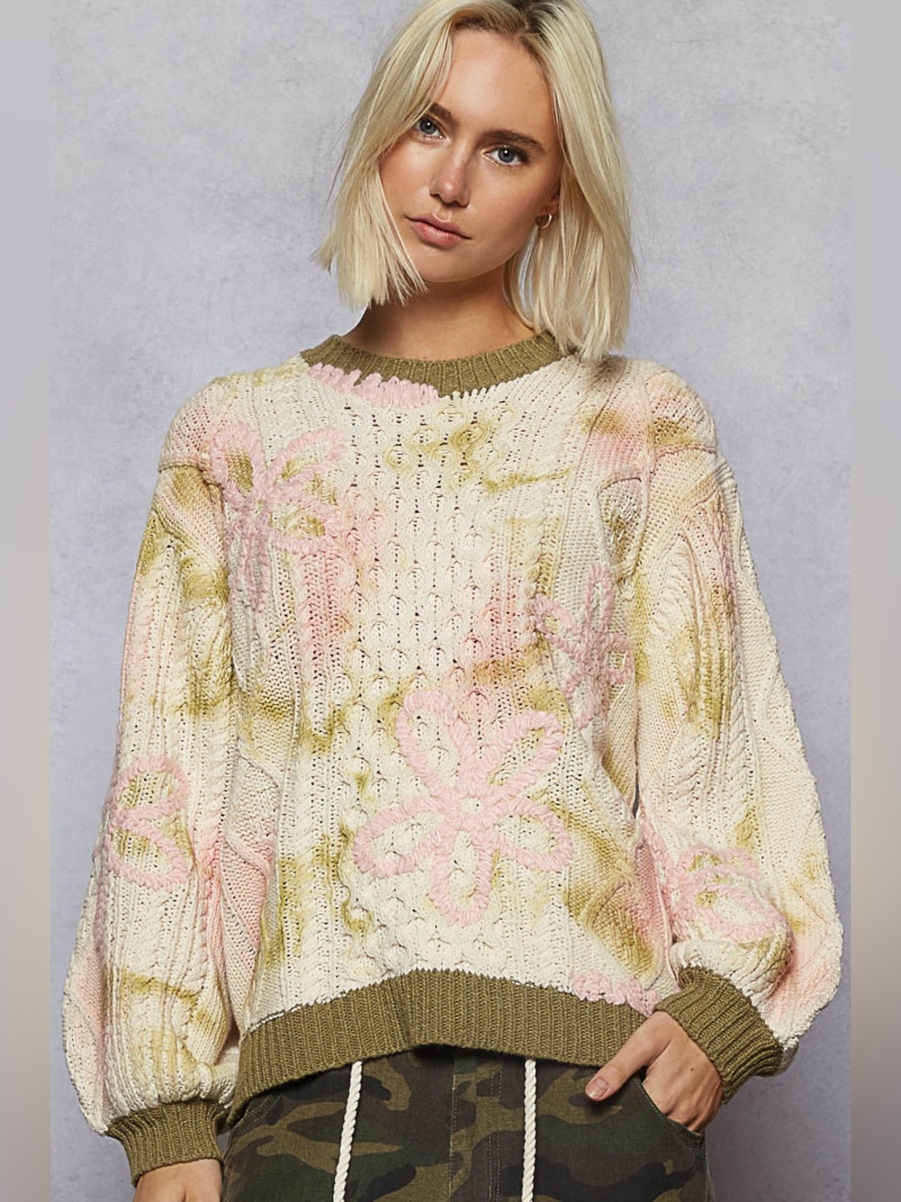 POL “ California Rose “ Sweater | Olive + Pink